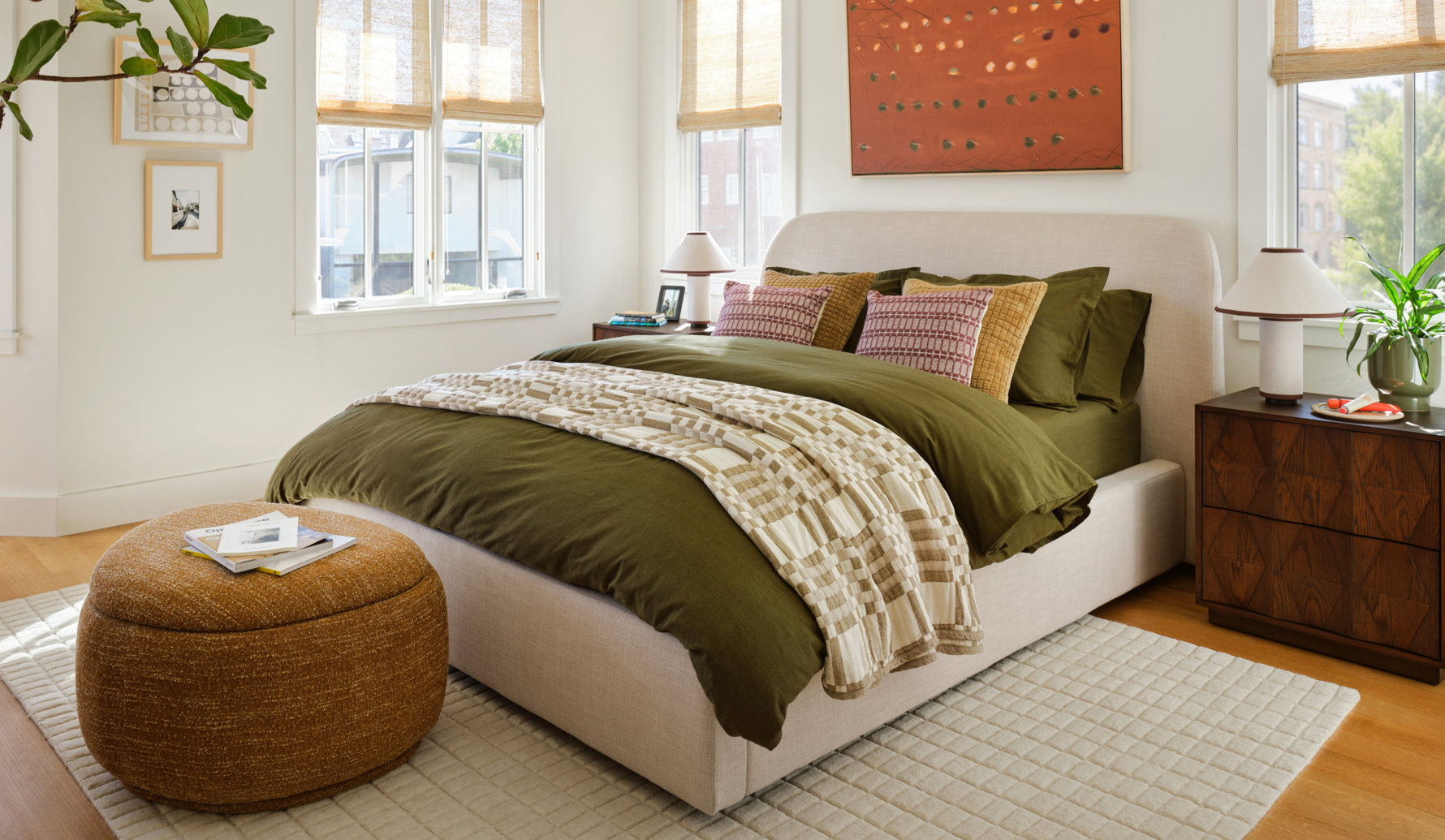 Modern bedroom furniture styled in a room scene