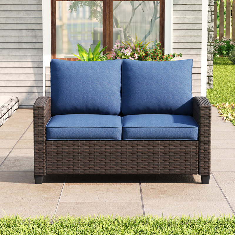 Patio Wicker Loveseat Sofa with Cushions, Slate Blue