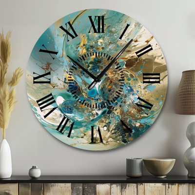 Horloge murale à encre liquide turquoise et jaune captivante