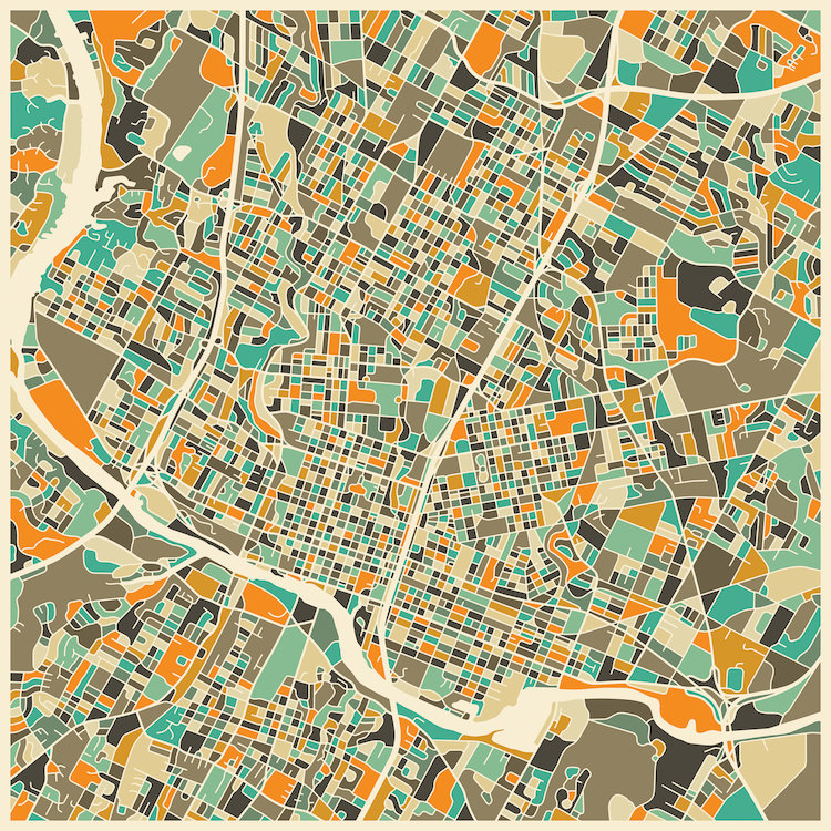 «Abstract City Map of Austin», impression sur toile tendue, H 18 po x l 18 po x P 1,5 po, Toile avec cadre noir, Pas de tapis