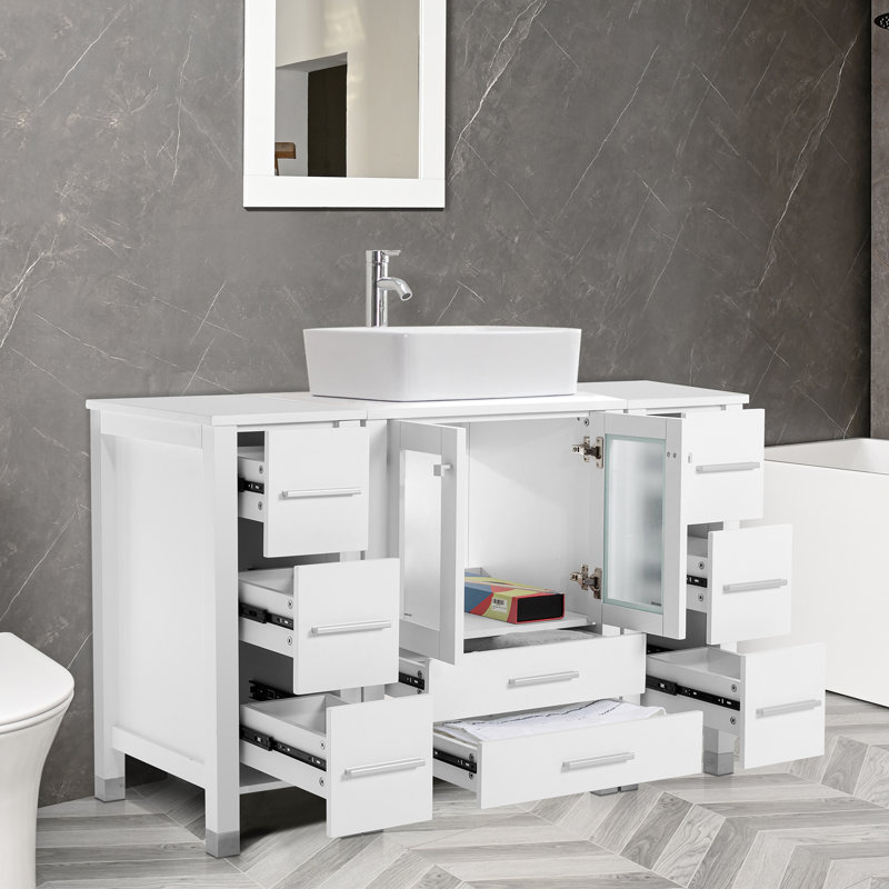48 Single Bathroom Vanity with Wood Top, Vessel Sink, Zinc Alloy Faucet, Solid Wood Legs, White