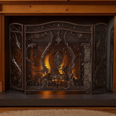 3-Panel Iron Metallic Finish Fireplace Screen with Subtle Camelback Silhouette, Fireplace Cover with Ornate Scrolling and Floral Accents