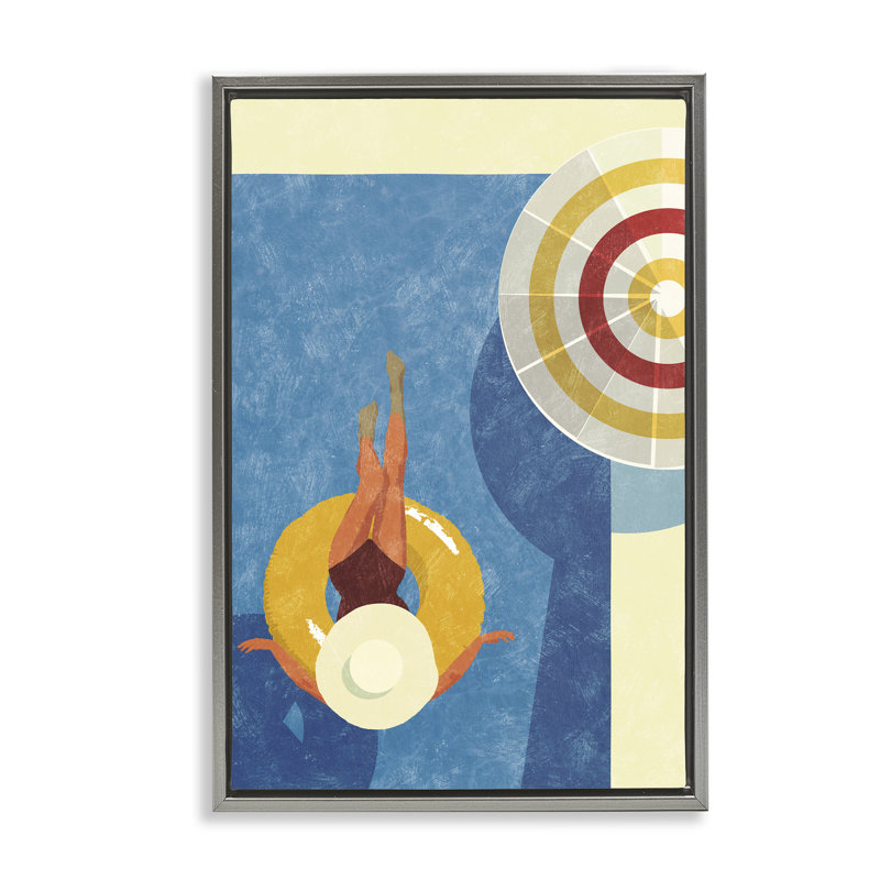 Relaxing on Pool Float Gold Framed Floater Canvas by Victoria Barnes, Grey, 31" H x 21" W