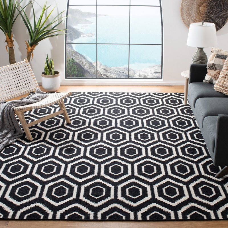 Tapis noir / ivoire en laine et coton tissé à la main Bullock, Rectangle 9 pi x 12 pi