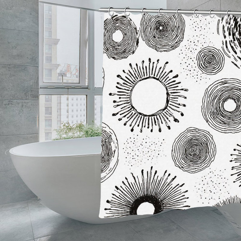 Rideaux de douche noirs et blancs dessinés à la main, 71 x 71