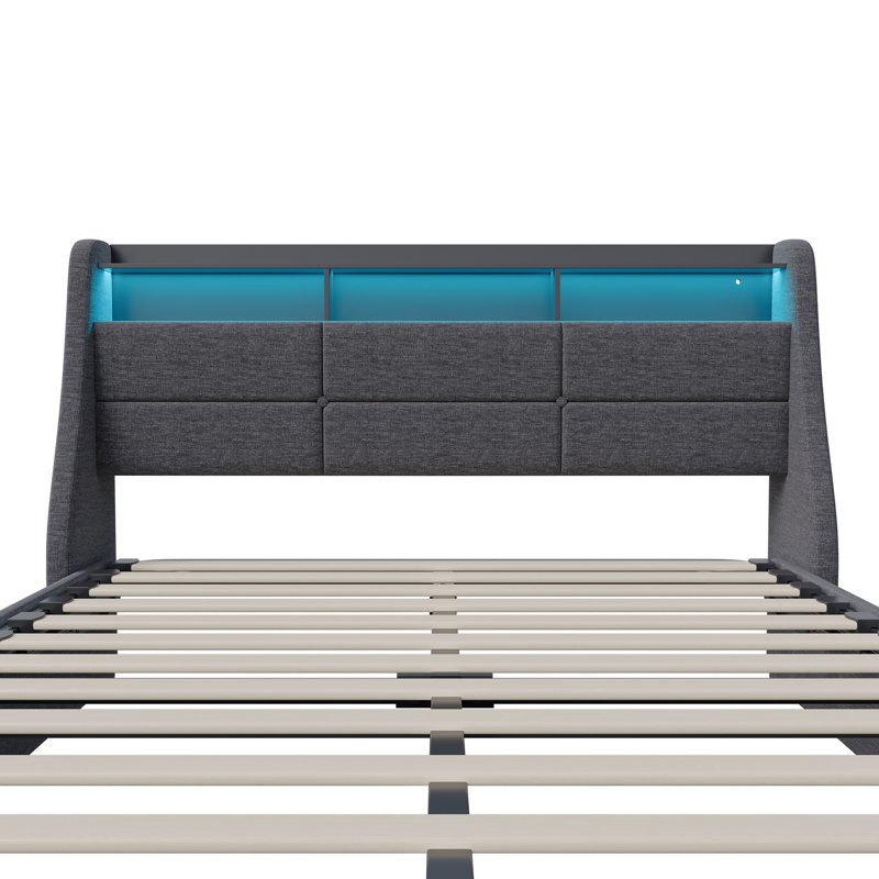 Hydraulic Lift Up Beds, Modern Upholstered Double Bed Frame With Storage And Headboard, Ottoman Storage Bed Platform Bed With LED Lights And Charging-Port For Bedroom, Grey(European Plug, 160X200cm)