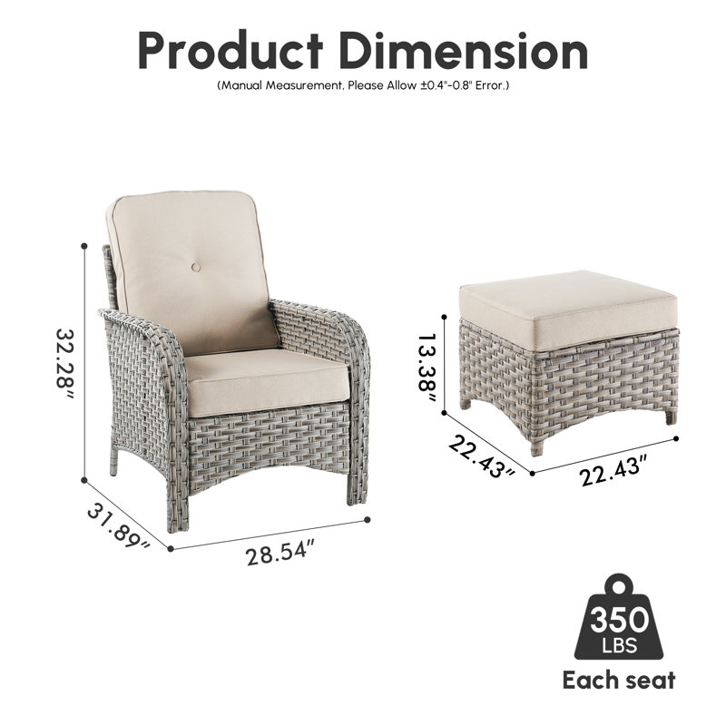 Emroy 2 - Person Outdoor Wicker Chairs with Ottomans, All Weather High Back Rattan Chairs 2-Seater with Comfy Cushions, Beige