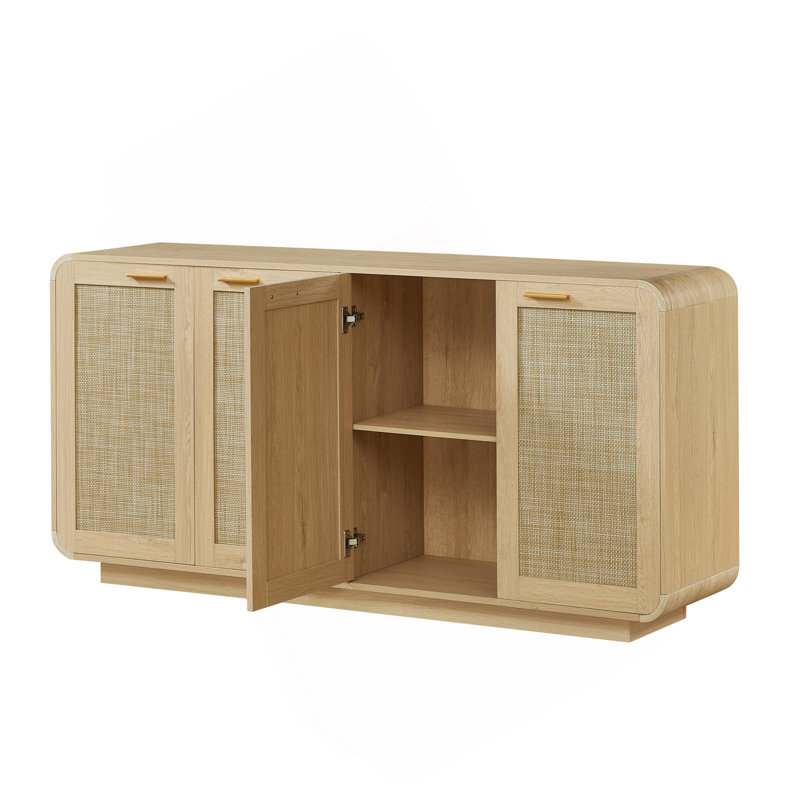 Buffet en rotin avec 4 portes, base robuste intégrée, parfait pour le salon, la cuisine et la salle à manger