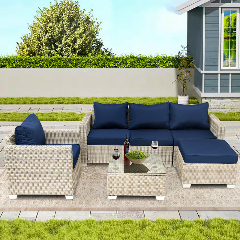 Canapé d'extérieur en osier Amayia, Bleu marine, Beige