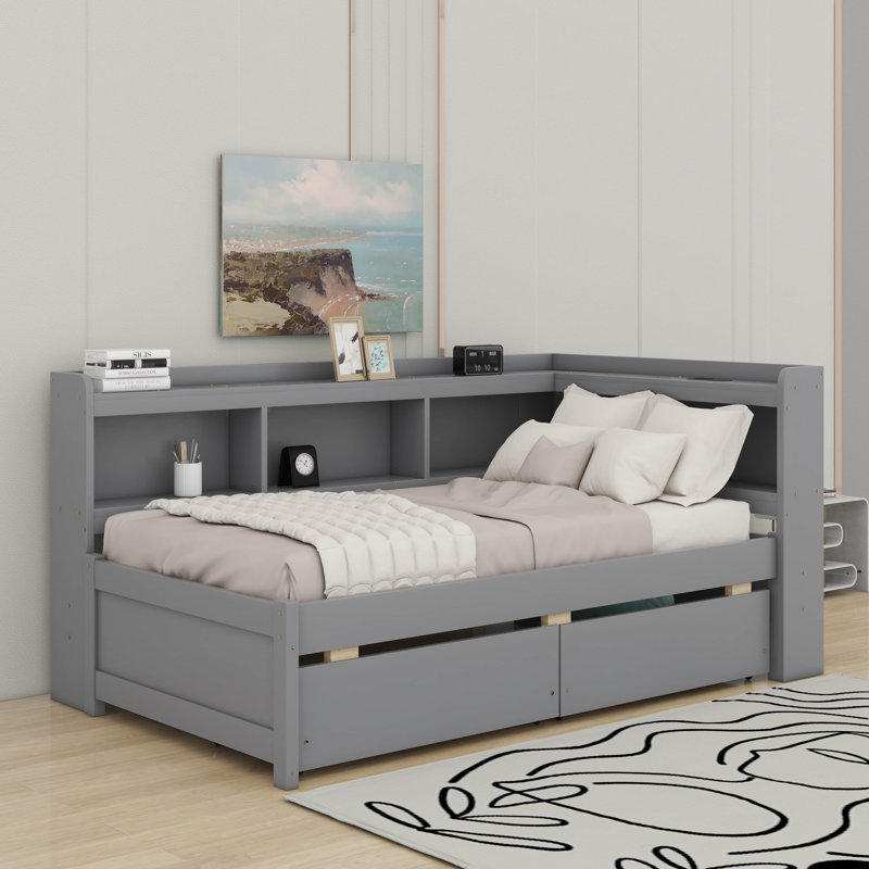Lit simple en forme de L avec bibliothèques avec prises de courant, ports de chargement USB et deux tiroirs, Gris