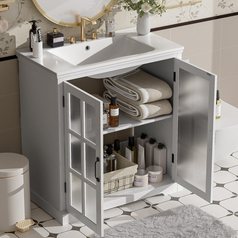 Meuble-lavabo moderne avec lavabo en céramique et verre trempé avec rangement spacieux, Blanc
