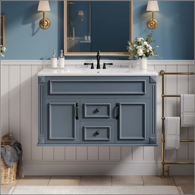 Wall Mounted Bathroom Cabinet with Ceramic Sink and Drawers, French Simple Style Vanity with Soft Closing Hinges