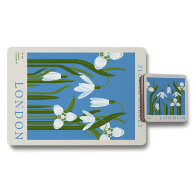 Flower Market London Placemat And Coaster Set, Designer Artwork Collection, Wood Backed, Exclusive Edition