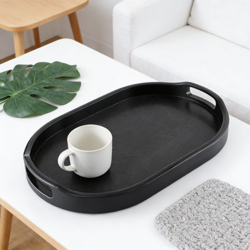 Wood Grain Ottoman Serving Tray With Handles, Spill-Proof Raised Edge, Non-Slip Pads, Durable ABS Plastic Butler Tray For Breakfast In Bed, Coffee Table, Sofa, And Home Decor