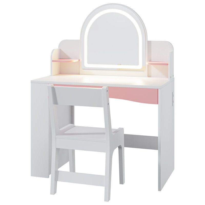 Kids Vanity Desk With LED Mirror & Chair & Power Supply