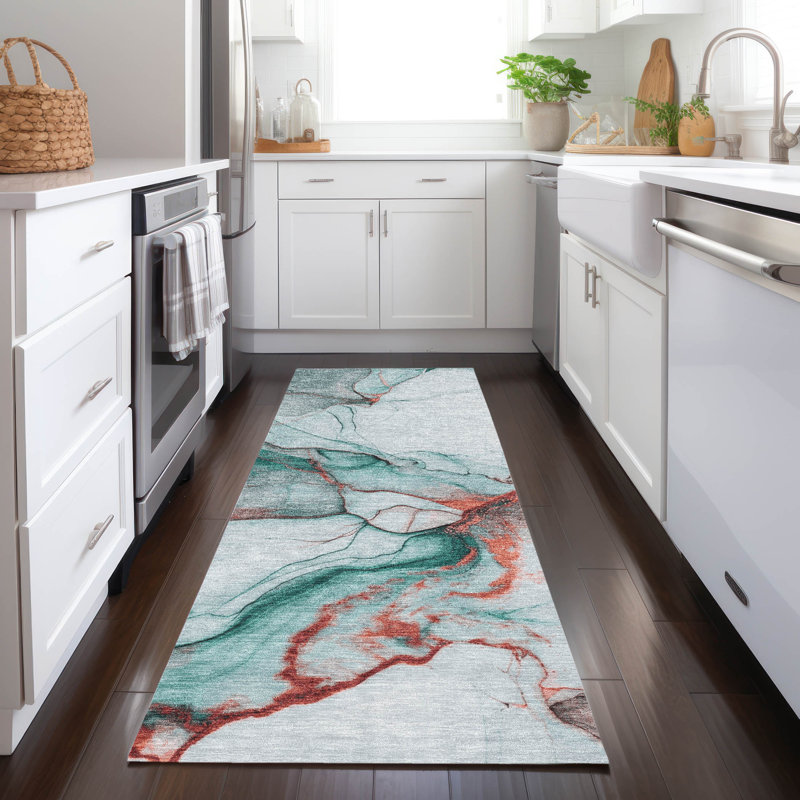 Machine Washable Indoor/Outdoor Cinead ACN1690 Teal Rug, Runner 2'3" x 7'6"