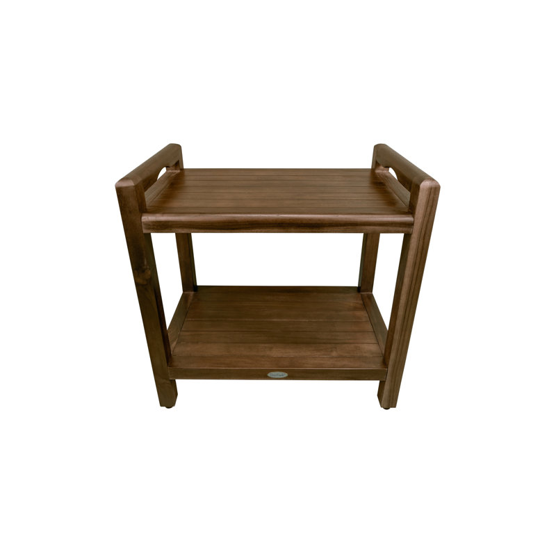 Woodland Brown Teak Shower Bench with LiftAide Arms and Shelf
