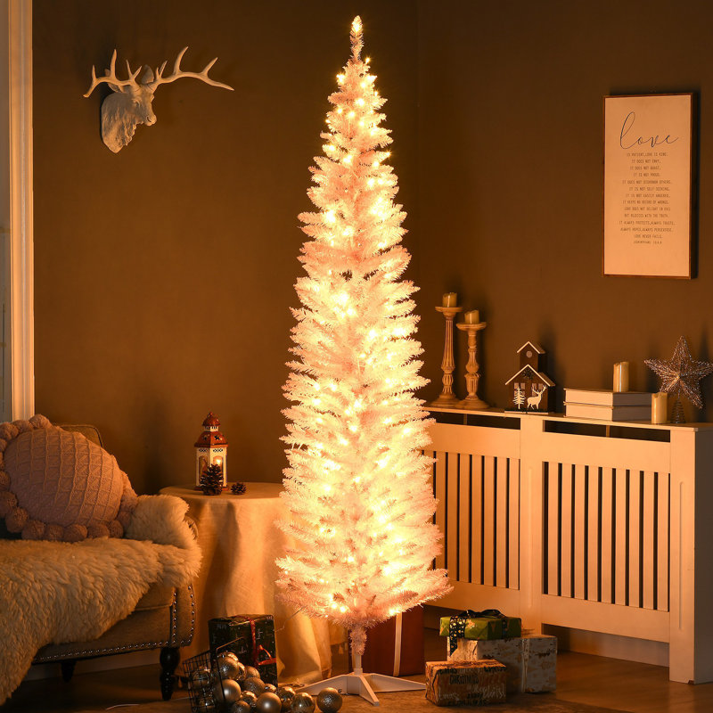 Sapin de Noël artificiel mince de 7 pi de hauteur avec 200 lumières DEL blanc chaud et 499 pointes pour la décoration de Noël