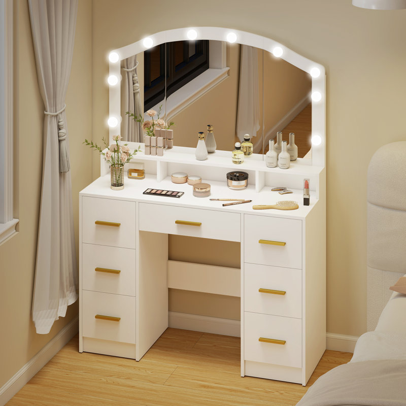 Meuble-lavabo avec miroir de maquillage lumineux et 7 tiroirs blanc