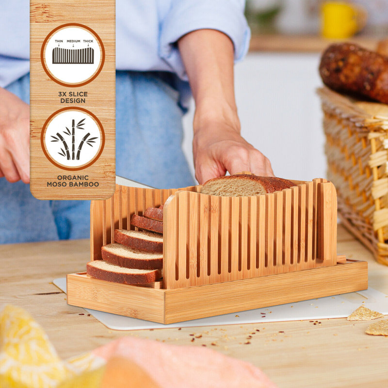 Foldable Bamboo Bread Slicer with Stainless Steel Knife and Crumb Tray