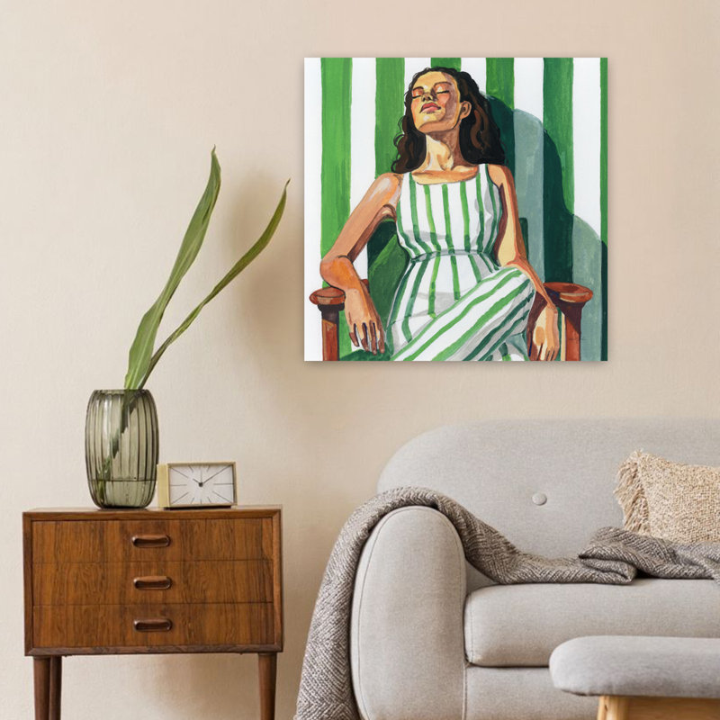 «Relaxing In A Striped Dress», art contemporain, H 24 po x l 24 po