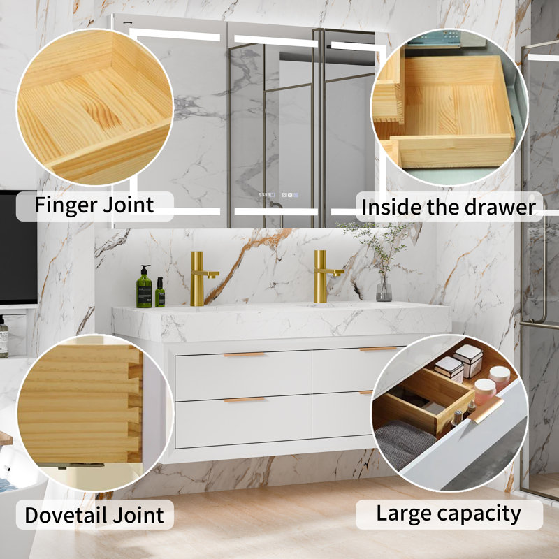 48" Wall-Mounted Double Sink Bathroom Vanity With Stone Countertop, LED Light & 6 Soft-Close Drawers, Modern Design, White