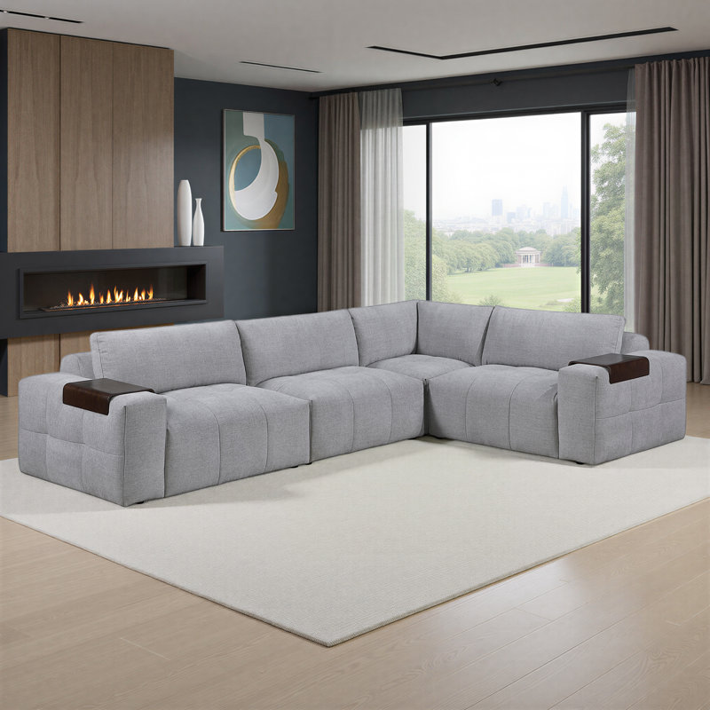 Louise 143" Modern & Contemporary 4-Piece Modular Sectional Sofa with Movable Arm Tray, High-Density Foam and Down-Blend Cushions