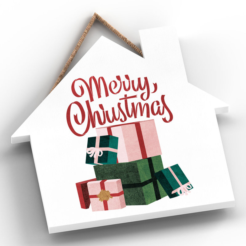 Xmas Merry Christmas Wooden House Plaque, 9.9cm H x 9.9cm W x 0.5cm D