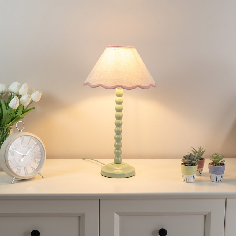 Nephi Bobbins Painted Table Lamp with Tapered Natural Linen Trim Scallop Shade, Natural Linen with Pink Trim, Green, Yes