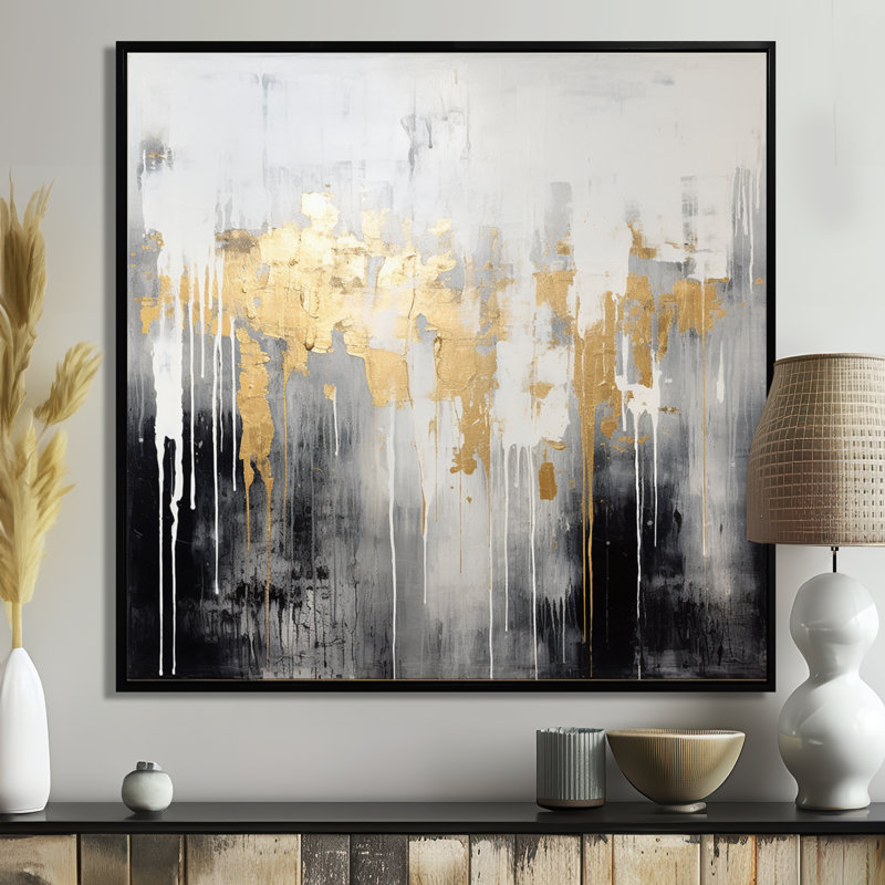 «Dripping Gold White Gray Black Gold - Abstract», reproduction d'art murale, Cadre flottant noir, H 30 po x l 30 po