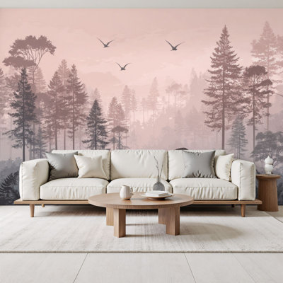 Papier peint adhésif de dinosaure, rosé, forêt, montagne, animaux de montagne, dinosaures, cerf, brachiosaure, peintures murales, papier peint amovible en PVC, H 69 po x l 96 po, pour chambre à coucher, bureau à domicile, bureau à domicile