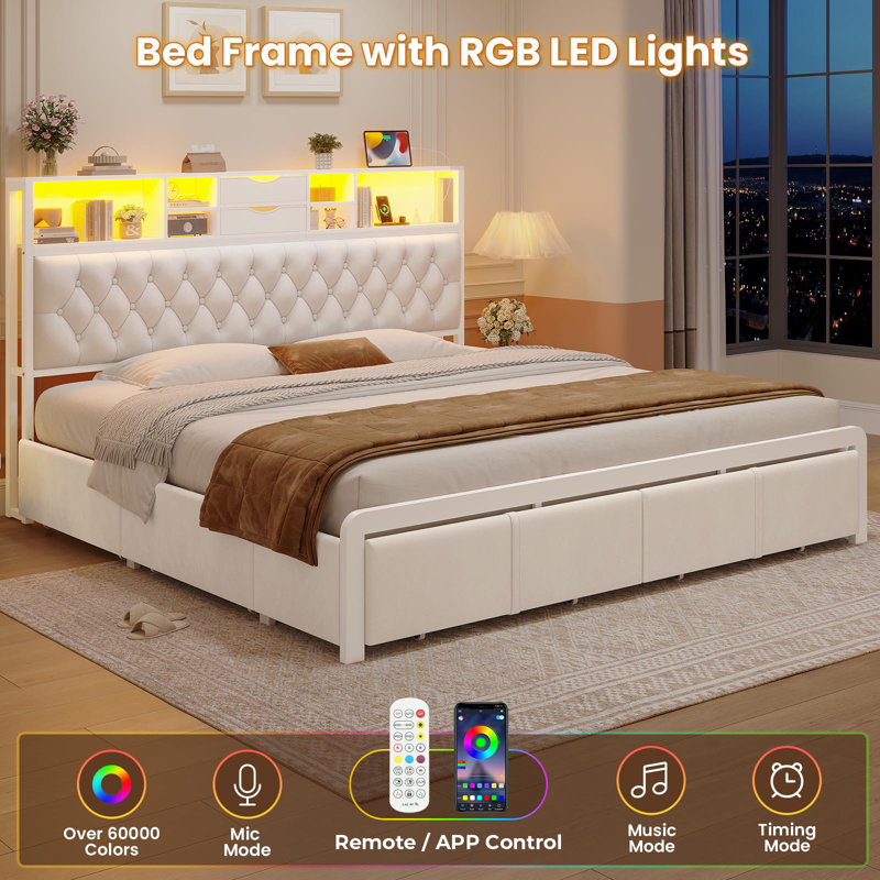 Upholstered Bed Frame With 6 Storage Drawers And Headboard, Platform Bed With Led Lights And Charging Station, King, White