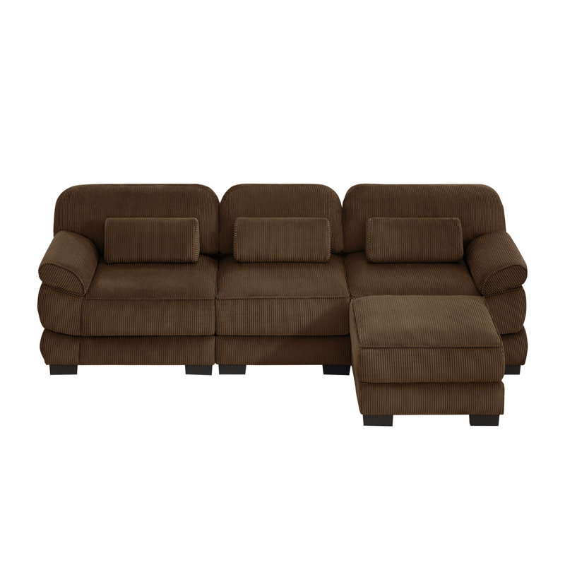 Canapé d'angle surdimensionné Cloud Couch en forme de L avec pouf - Velours côtelé marron 3 places pour salon ou chambre
