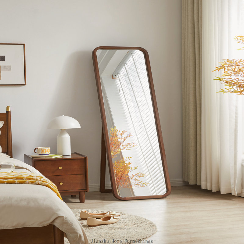 Solid Beech Wood Full Length Floor Mirror, Freestanding with Stand, Walnut Finish
