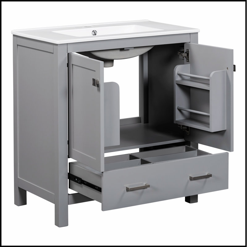 Ensemble de meuble-lavabo gris 60 po avec double meuble-lavabo, lavabos en céramique, tablette de rangement et tiroirs divisés pour salles de bain spacieuses