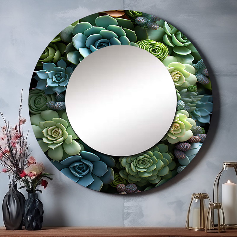 Shantella Green Succulents Serenity Garden II - miroir succulent, miroir mural rond vert unique, impression d'art en métal