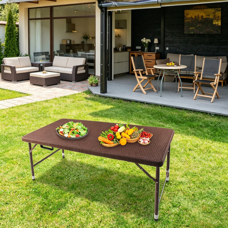 4Ft Rattan Folding Table For Indoor&Outdoor, Portable Foldable Table Rattan Plaited Brown, Brown