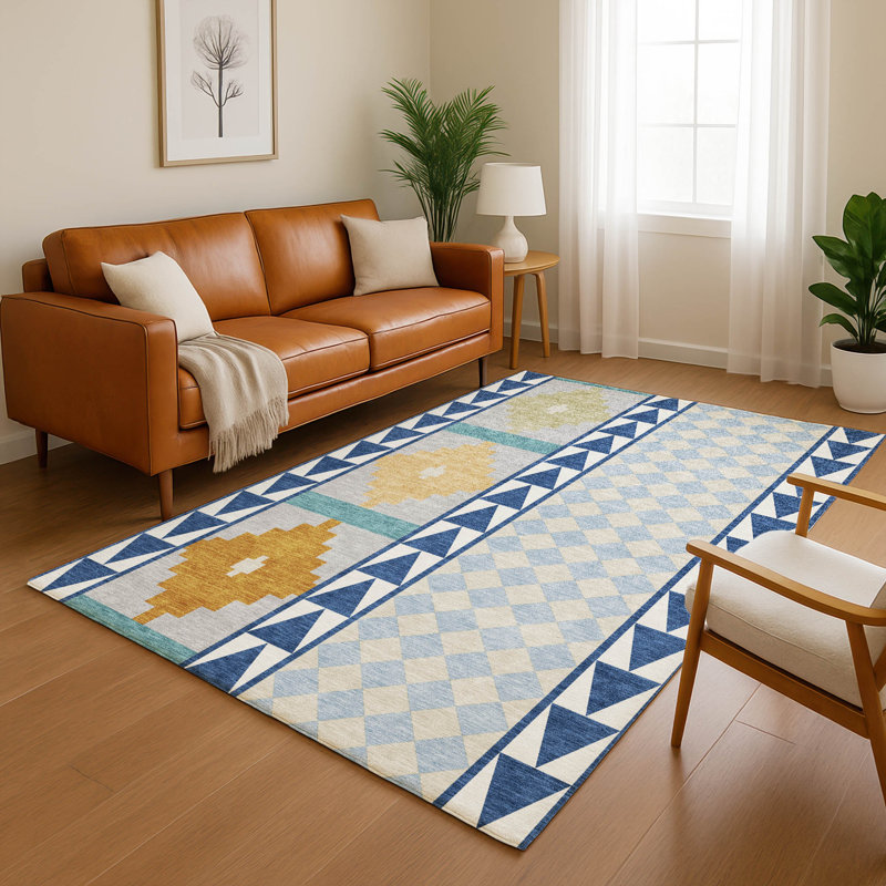 Tapis de qualité supérieure lavable à la machine Villers Southwest, Marine, 10 pi x 14 pi