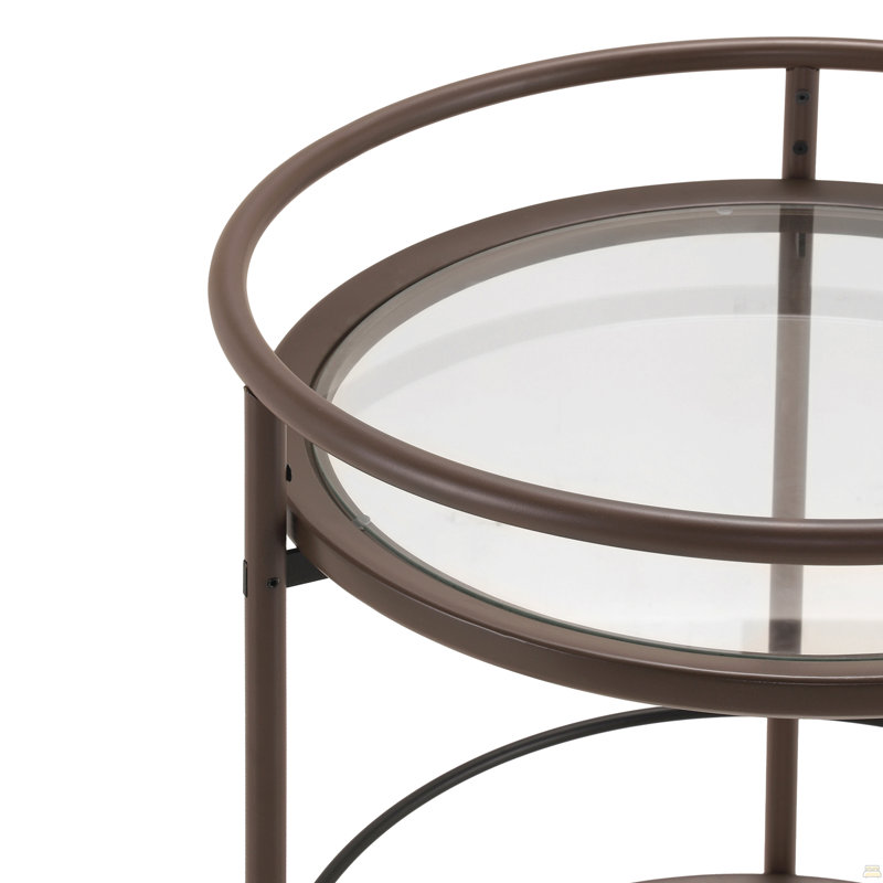 Chariot-bar rond brun moderne avec tablettes en verre trempé et roulettes verrouillables dorées
