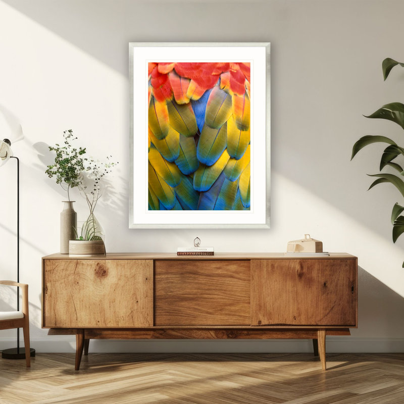 Vibrant Scarlet Macaw Feather Print with Silver Leaf Frame