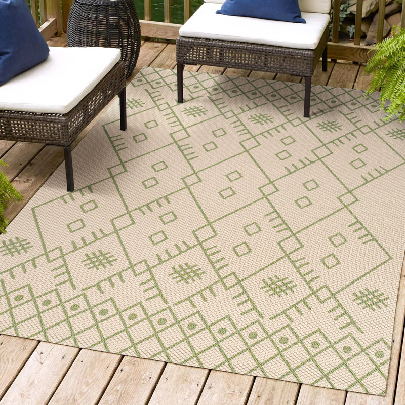 Boho Moroccan Beige/Green Indoor/Outdoor Rug, Rectangle 3'11" x 6'