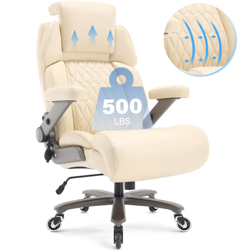 Mikial 500lbs Big and Tall Executive Office Chair - Breathable Leather, 3D Arms, & Air-Compressed Lumbar Support, Beige