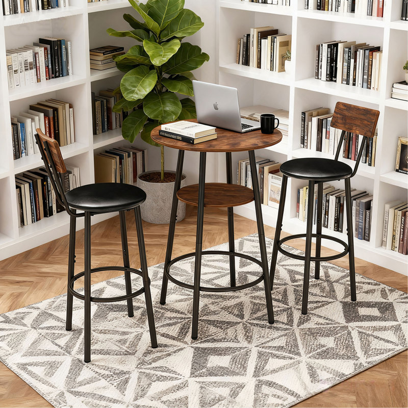 Ensemble de table de bar et de chaises 3 pièces, petite table de salle à manger pour 2 personnes avec rangement à 2 niveaux et 2 tabourets de bar rembourrés en polyuréthane pour la cuisine, la salle à manger, le salon, le bar, le café, le coin petit espace, rustique