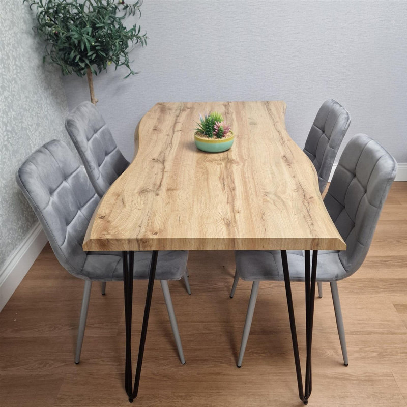 Wooden Dining Table and 4 Velvet Chairs - Stylish Dining Room Furniture, Grey, 75cm H x 140cm W x 80cm D