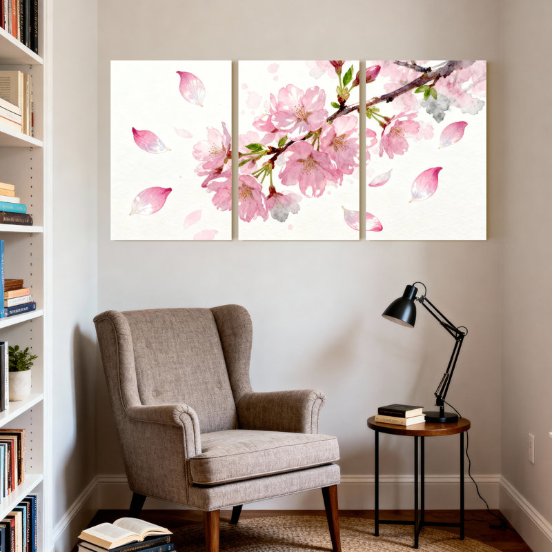 Ensemble de 3 tableaux muraux sur toile à motif floral de fleurs de cerisier, H 36 po x l 72 po