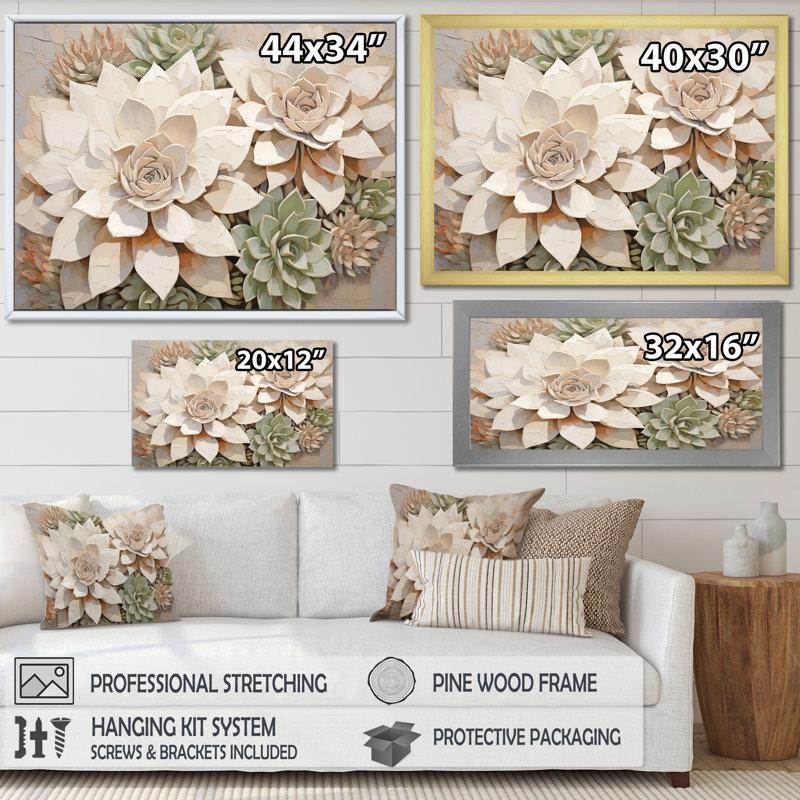 «Beige Succulent Soft Bloom VI», reproduction sur toile, Cadre flottant doré, H 34 po x l 44 po x P 1,5 po