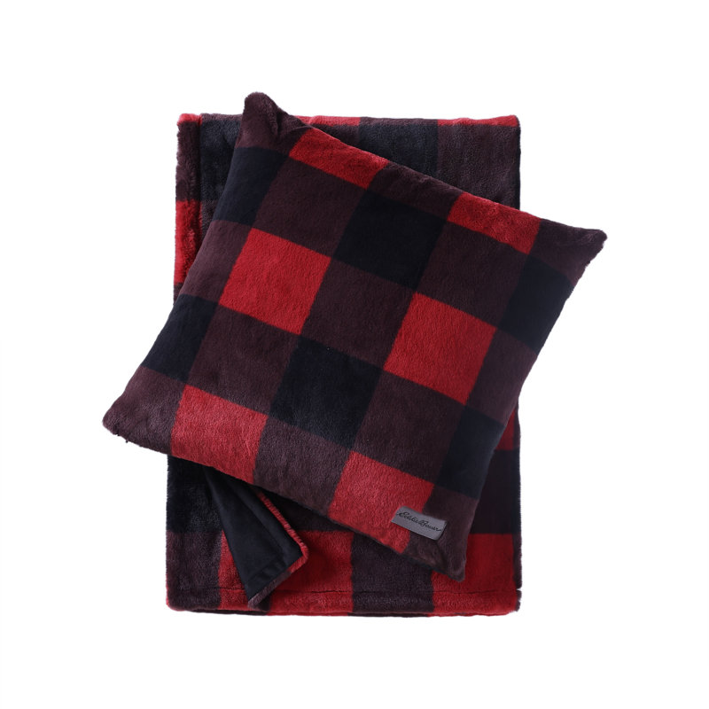 Blue and Black Plaid Reversible Fleece Pillow and Throw Set