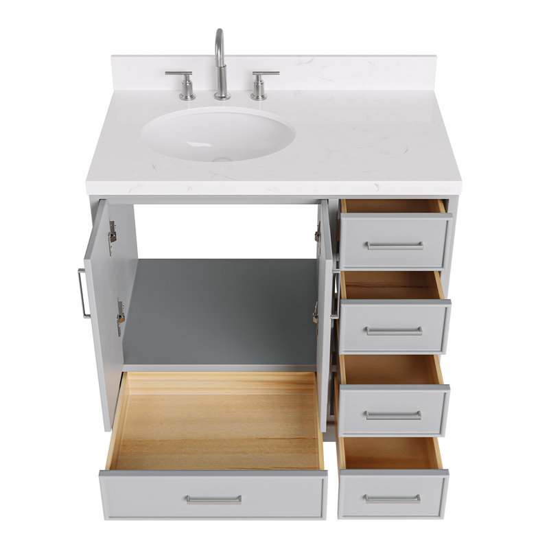 36.25'' Single Bathroom Vanity with Carrara Quartz Top, Gray
