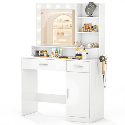 44 po Coiffeuse pour chambre à coucher avec miroir en 3 couleurs, luminosité réglable, 3 tiroirs, armoire de rangement, blanc