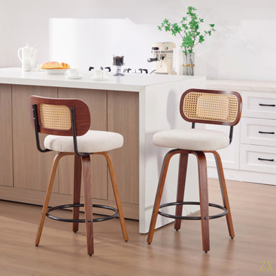 Set Of 2 26-Inch Counter Height Bar Stools  Cane Rattan Back Linen Upholstered Seat, Swivel Design For Kitchen Island/Bar/Counter